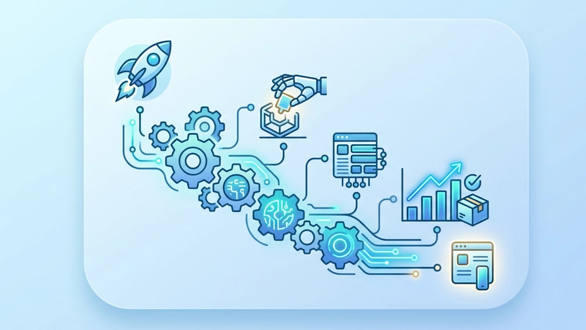 Cartoon founder using AI tools on a laptop to build a startup MVP