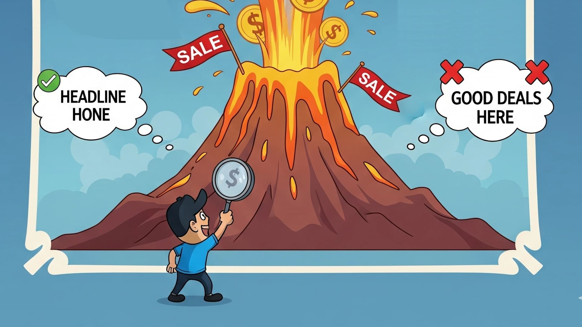 Cartoon man near a volcano looking how to make better headlines