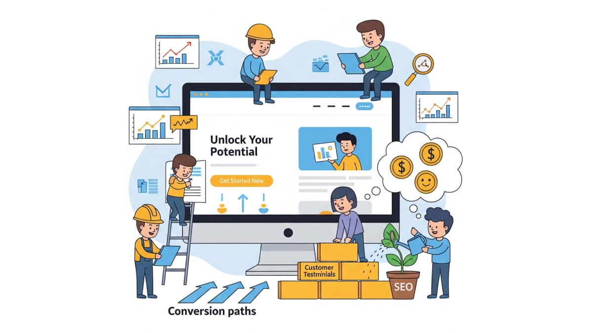 Cartoon people building a landing page for a business