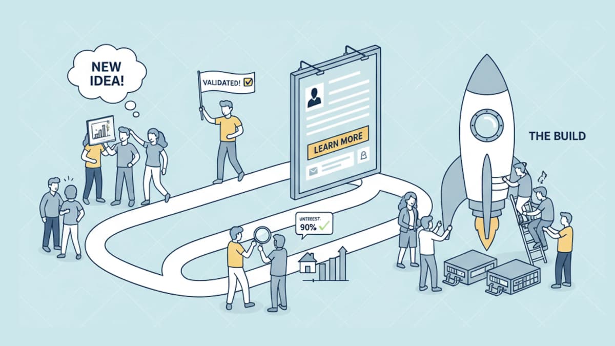 Cartoon men and women looking for validating with landing pages