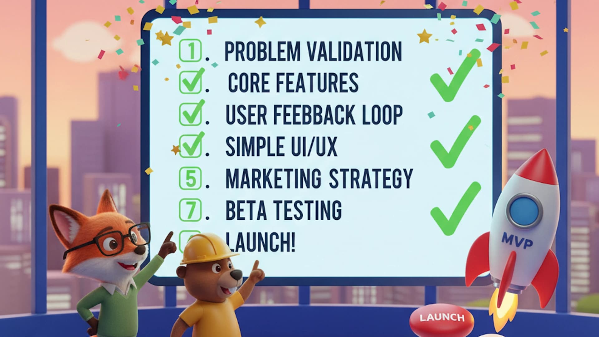 Cartoon animals with a rocket ship looking at an MVP checklist