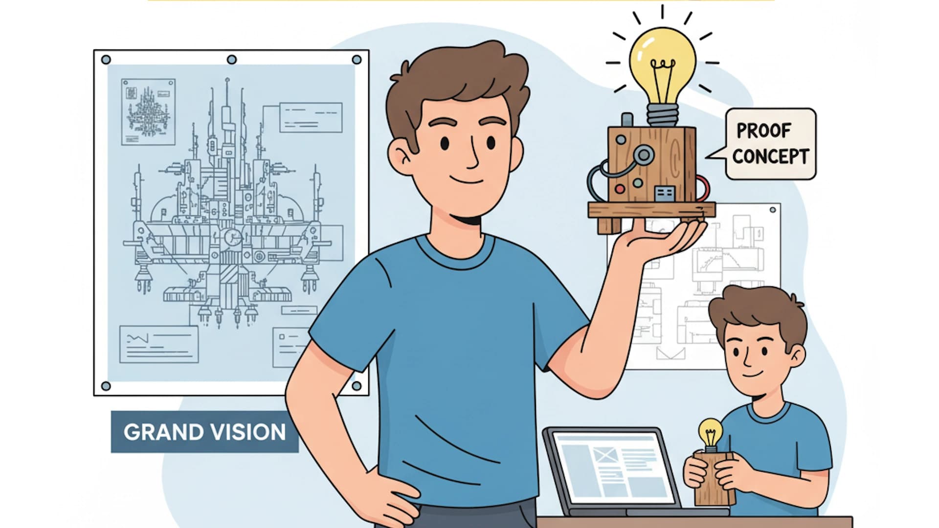 Cartoon man holding an invention which is a proof of concept